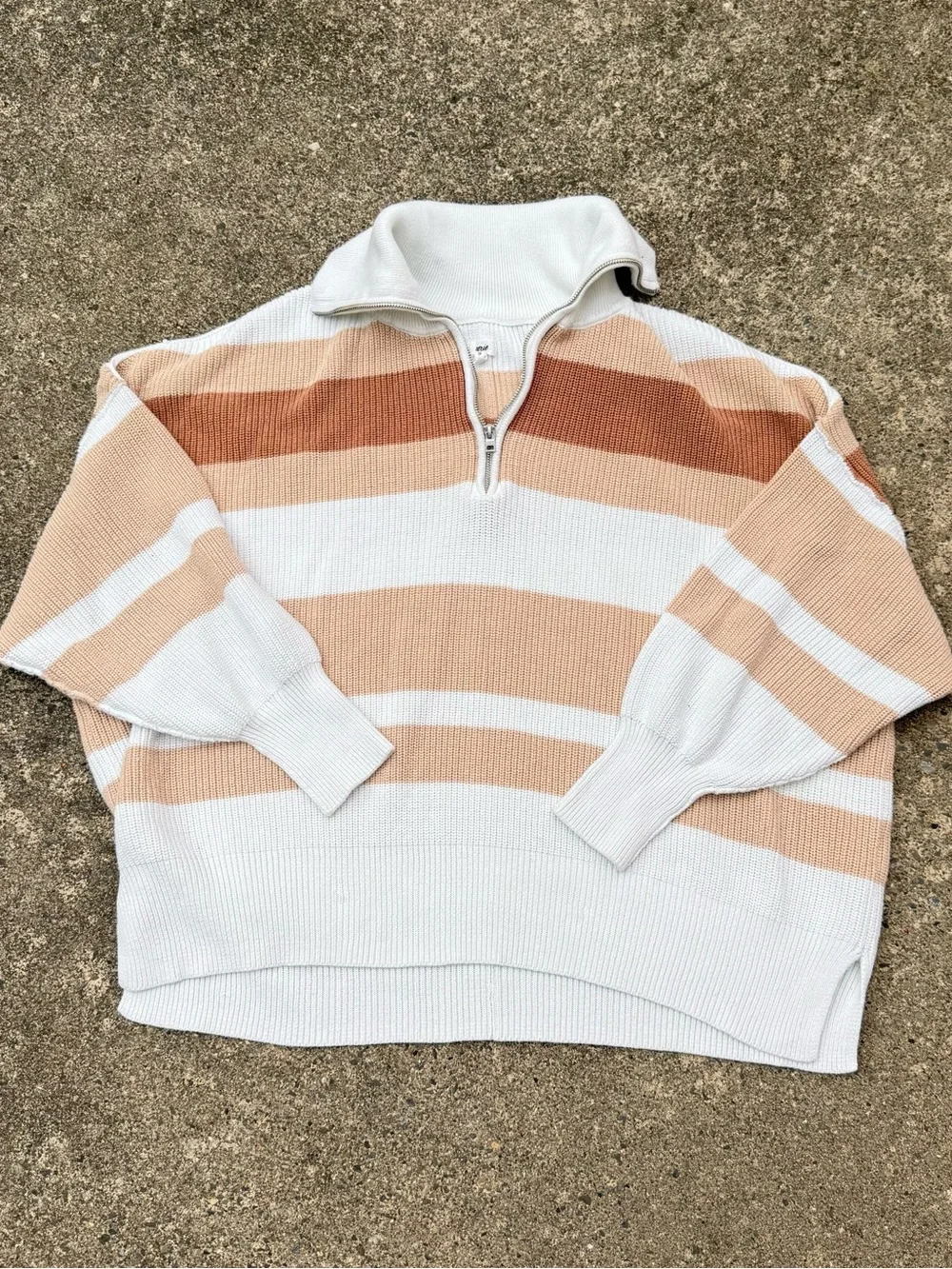 Aerie Striped Quarter-Zip Oversized Sweater in Cream & Tan size XL - Picture 3 of 12